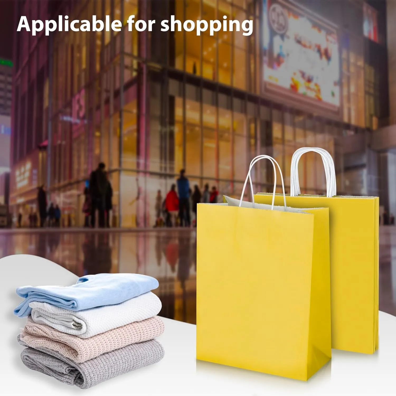 Oikss 50 Pack 10x5x13 Yellow Kraft Paper Bags with Handles Bulk for Birthday Party Favors Grocery Retail Shopping Business Goody Recycled Craft Gift Bags (Large Size, 50 Count)
