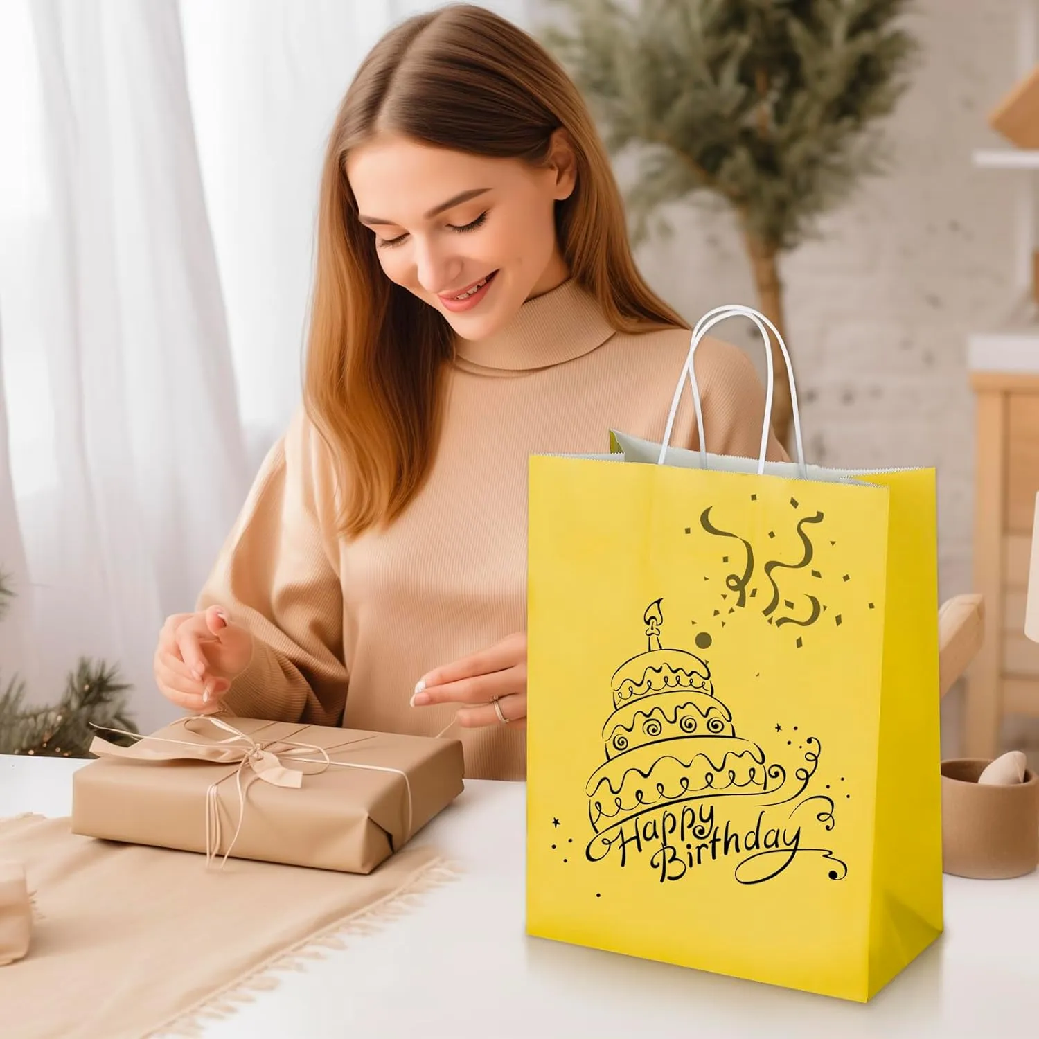 Oikss 50 Pack 10x5x13 Yellow Kraft Paper Bags with Handles Bulk for Birthday Party Favors Grocery Retail Shopping Business Goody Recycled Craft Gift Bags (Large Size, 50 Count)