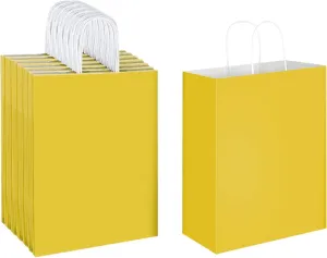 Oikss 50 Pack 10x5x13 Yellow Kraft Paper Bags with Handles Bulk for Birthday Party Favors Grocery Retail Shopping Business Goody Recycled Craft Gift Bags (Large Size, 50 Count)
