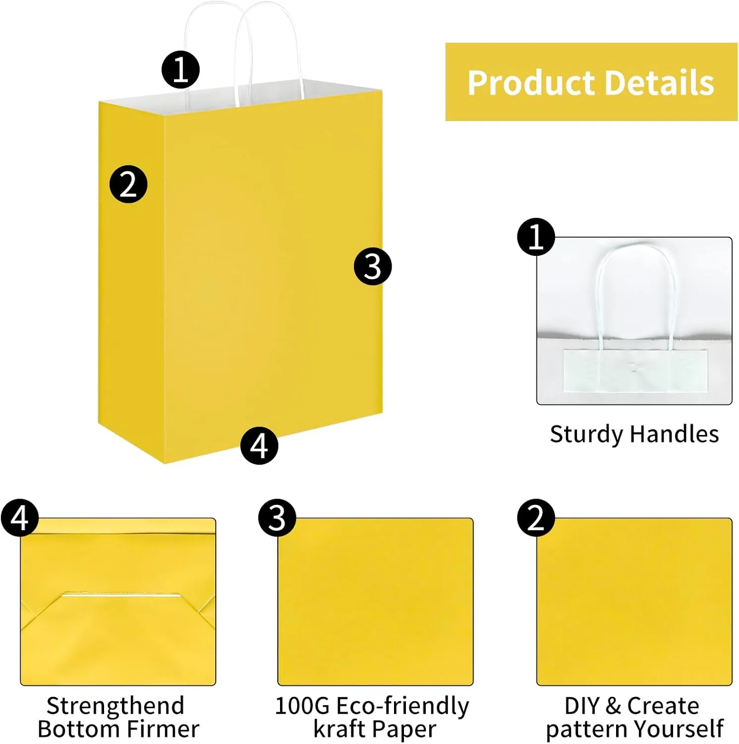 Oikss 50 Pack 10x5x13 Yellow Kraft Paper Bags with Handles Bulk for Birthday Party Favors Grocery Retail Shopping Business Goody Recycled Craft Gift Bags (Large Size, 50 Count)