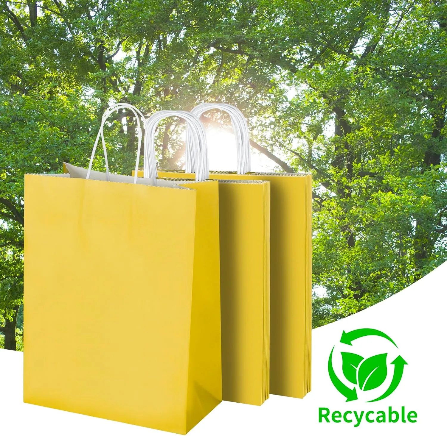 Oikss 50 Pack 10x5x13 Yellow Kraft Paper Bags with Handles Bulk for Birthday Party Favors Grocery Retail Shopping Business Goody Recycled Craft Gift Bags (Large Size, 50 Count)