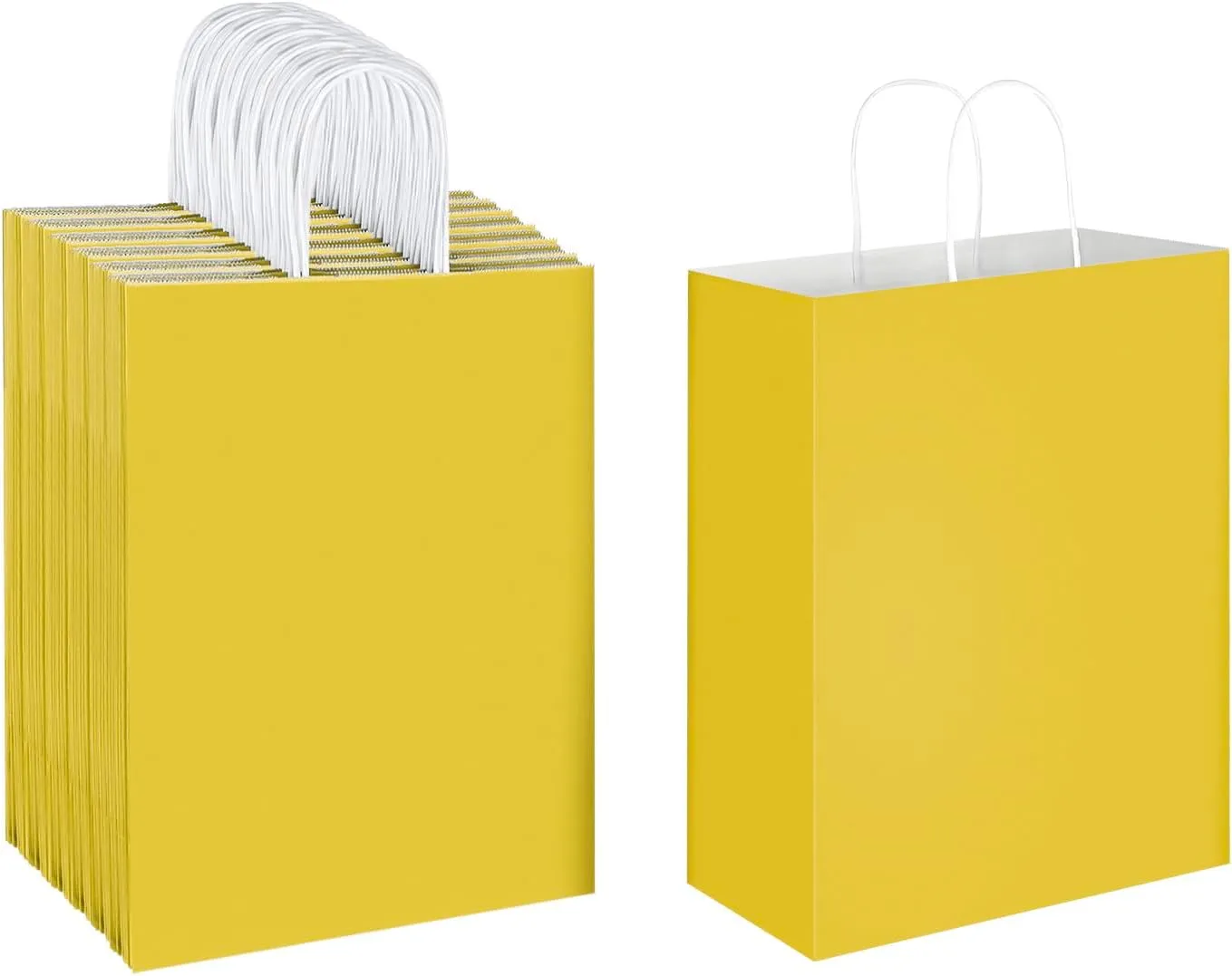 Oikss 50 Pack 10x5x13 Yellow Kraft Paper Bags with Handles Bulk for Birthday Party Favors Grocery Retail Shopping Business Goody Recycled Craft Gift Bags (Large Size, 50 Count)