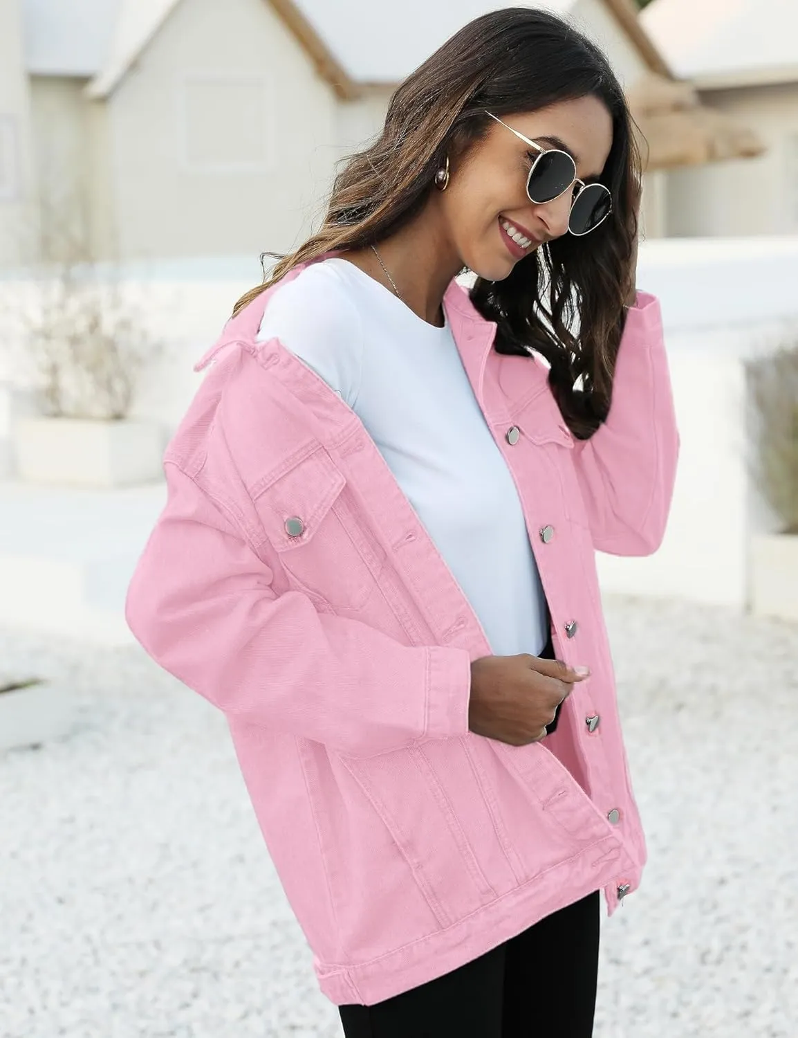 Omoone Women's Oversized Mid Long Denim Jacket Jean Biker Coat