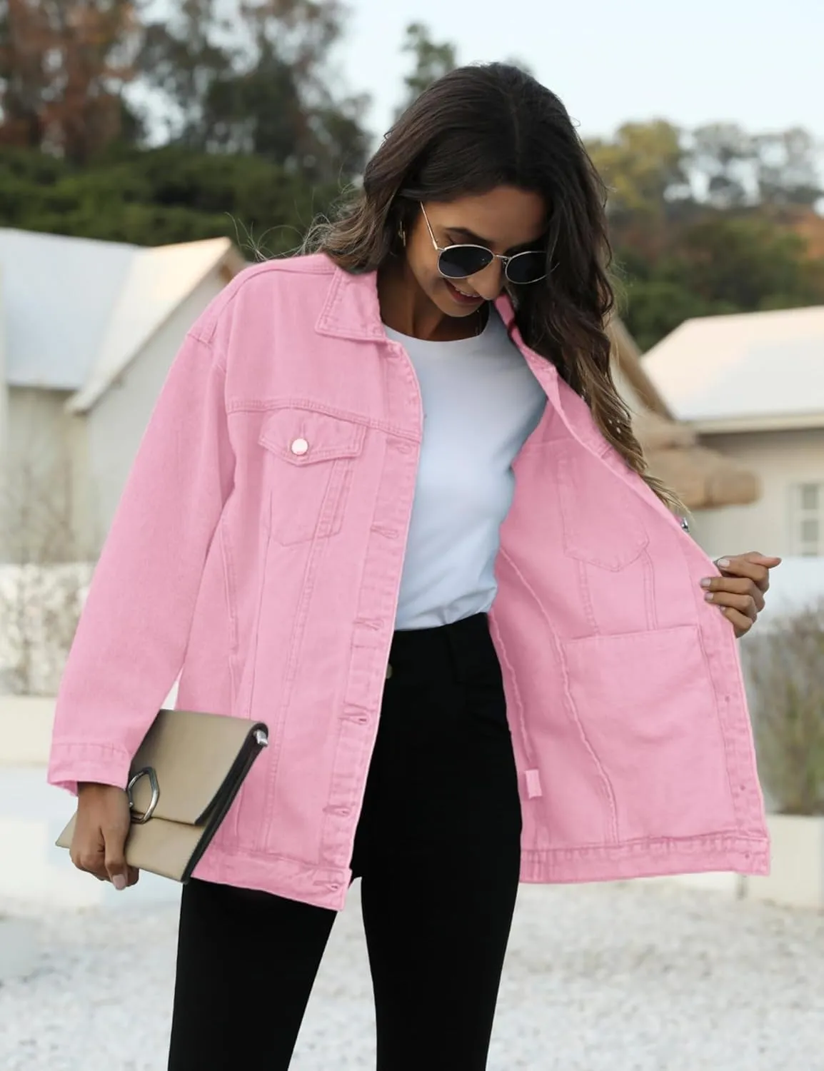 Omoone Women's Oversized Mid Long Denim Jacket Jean Biker Coat