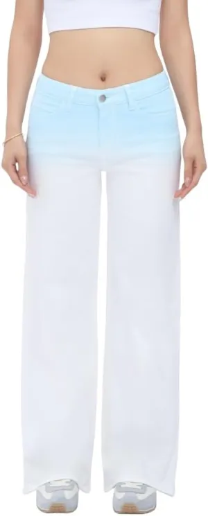 ONESO Mid-Low Rise Baggy Jeans Wide Leg for Women Distressed Pants Stretchy Bottom Lady Basic Comfortable Denim
