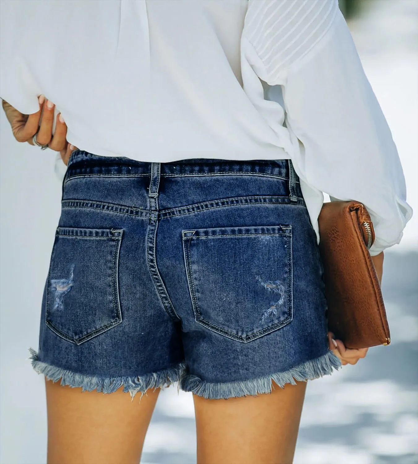 onlypuff Women Denim Shorts Cut Off Mid Rise Frayed Jean Shorts