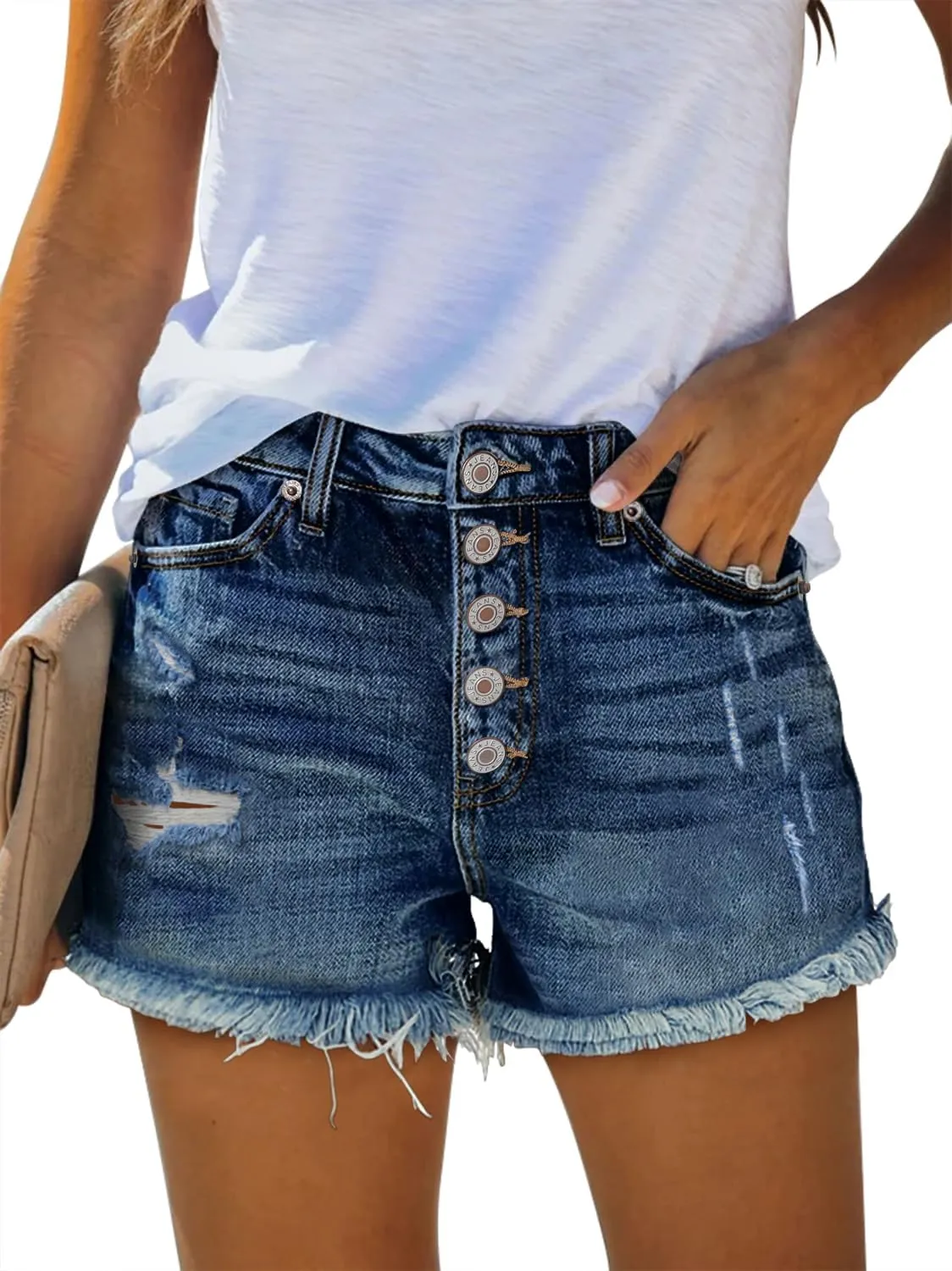 onlypuff Women Denim Shorts Cut Off Mid Rise Frayed Jean Shorts
