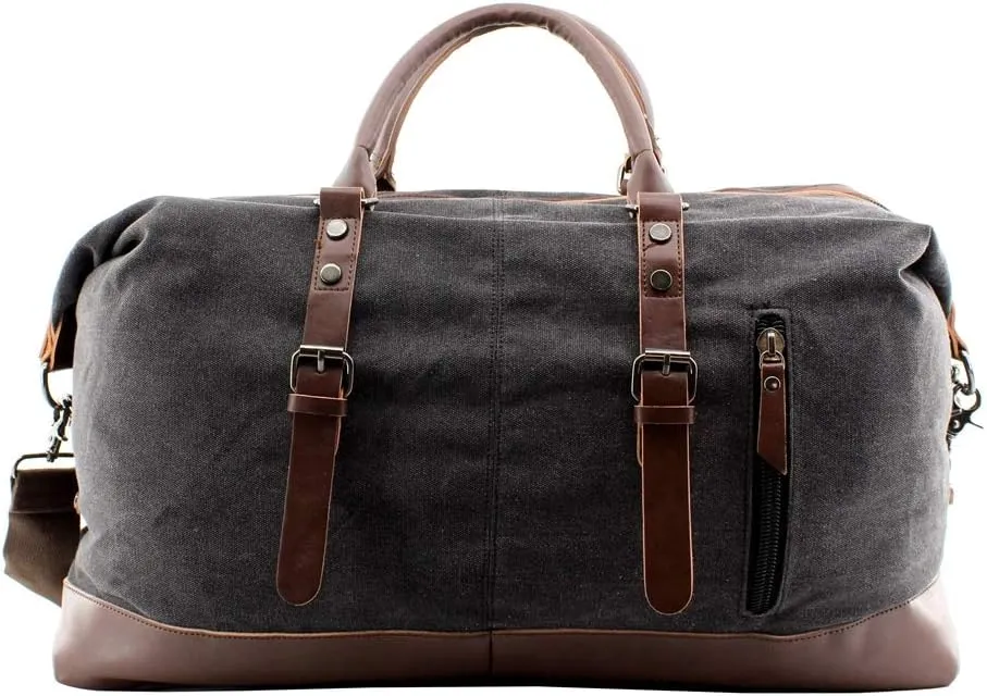 Overnight Canvas Leather Travel Tote Duffel Shoulder Handbag Bag,170805-black One Size (Hardcode)
