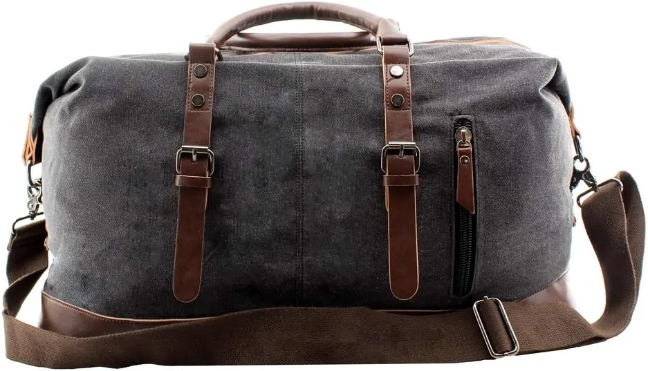 Overnight Canvas Leather Travel Tote Duffel Shoulder Handbag Bag,170805-black One Size (Hardcode)