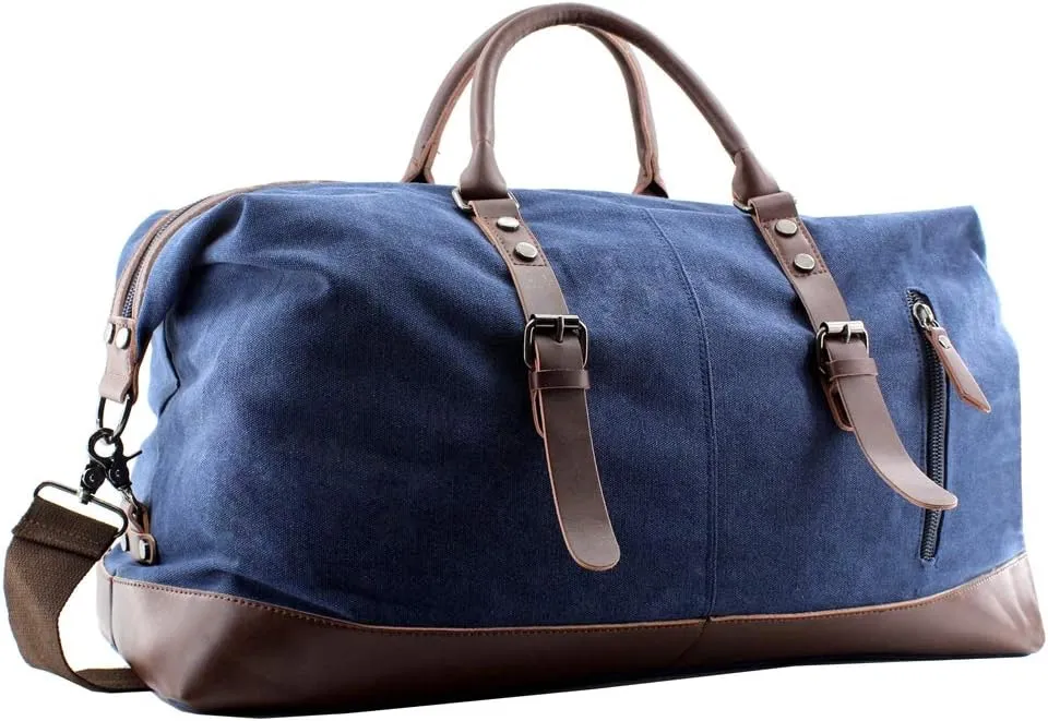 Overnight Canvas Leather Travel Tote Duffel Shoulder Handbag Bag,170805-blue One Size (Hardcode)