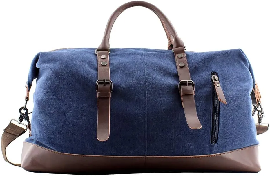 Overnight Canvas Leather Travel Tote Duffel Shoulder Handbag Bag,170805-blue One Size (Hardcode)