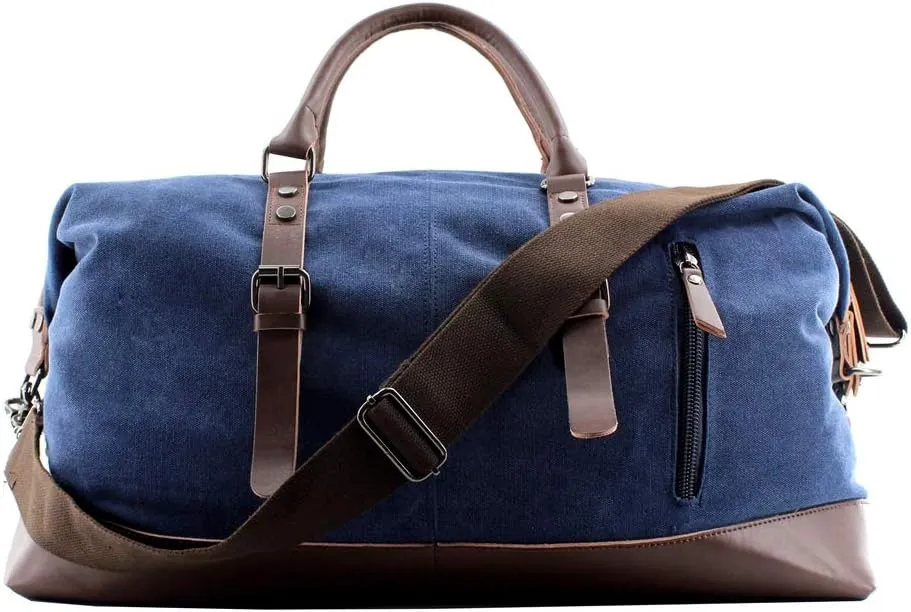 Overnight Canvas Leather Travel Tote Duffel Shoulder Handbag Bag,170805-blue One Size (Hardcode)