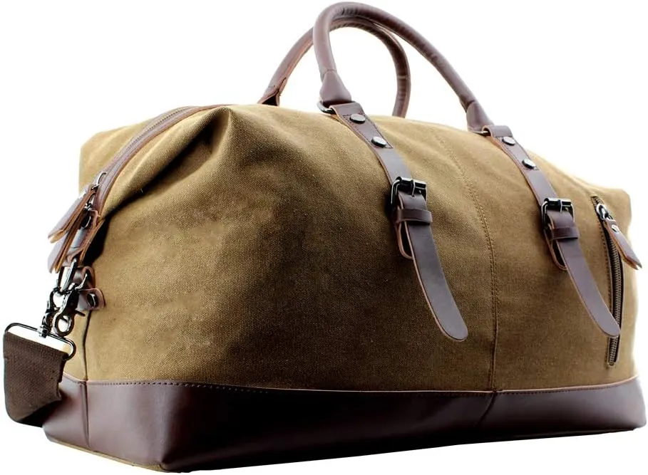 Overnight Canvas Leather Travel Tote Duffel Shoulder Handbag Bag,170805-brown