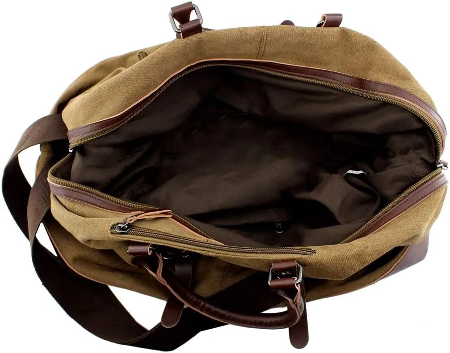 Overnight Canvas Leather Travel Tote Duffel Shoulder Handbag Bag,170805-brown