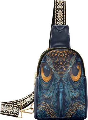 Owl Eyes Compact Fashion Daypack Full-Print PU Leather Crossbody Bag with Card Pocket & Adjustable Strap for Women on the Go Festivals Travel & Hikes