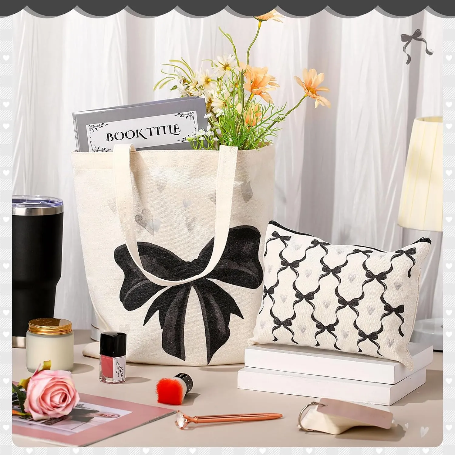 Paterr 2 Pcs Coquette Bow Black Canvas Tote Bags and Zipper Makeup Bags Set Cute Preppy Gift Reusable Aesthetic Bow Stuff for Graduation Gifts Women Lovers Mom Sister Shopping Grocery Travel