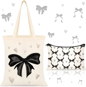 Paterr 2 Pcs Coquette Bow Black Canvas Tote Bags and Zipper Makeup Bags Set Cute Preppy Gift Reusable Aesthetic Bow Stuff for Graduation Gifts Women Lovers Mom Sister Shopping Grocery Travel