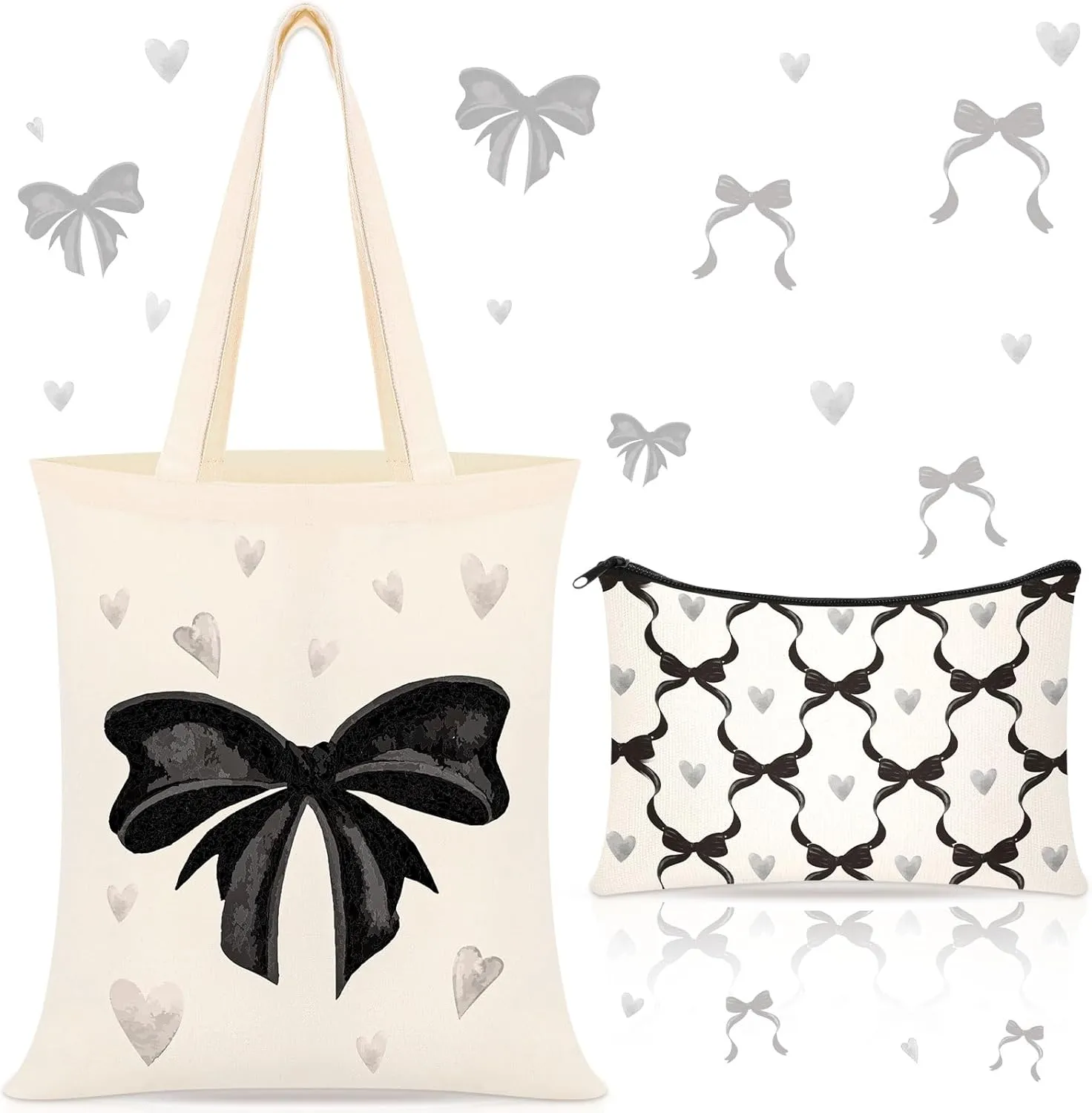 Paterr 2 Pcs Coquette Bow Black Canvas Tote Bags and Zipper Makeup Bags Set Cute Preppy Gift Reusable Aesthetic Bow Stuff for Graduation Gifts Women Lovers Mom Sister Shopping Grocery Travel