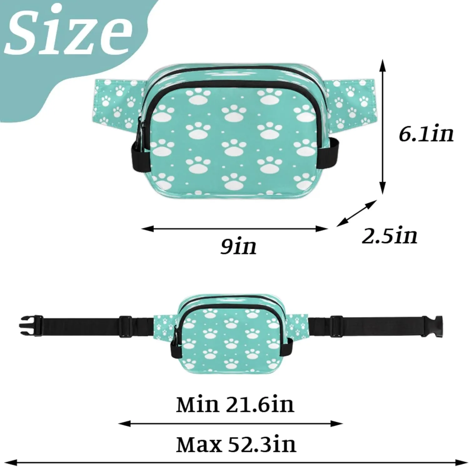 Paw Prints Waterproof Unisex Square Fanny Pack, Adjustable Waist Bag with Pockets, Sturdy Lightweight Crossbody Bag for Travel, Running, Hiking (9x6.1x2.5 Inches)