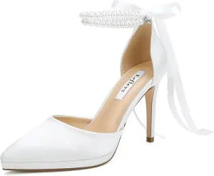 Pearl Heels Wedding Shoes for Bride Closed Toe Bridal Shoes Wedding Party Pumps