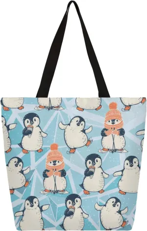 Penguin Skating Large Capacity Canvas Tote Bag Stylish Handheld Shoulder Bag Reusable Shopping Bag for Work Travel Beach Trips Shopping