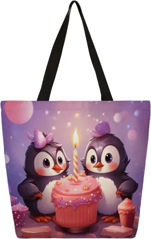 Penguins Birthday Cake Large Capacity Canvas Tote Bag Stylish Handheld Shoulder Bag Reusable Shopping Bag for Work Travel Beach Trips Shopping