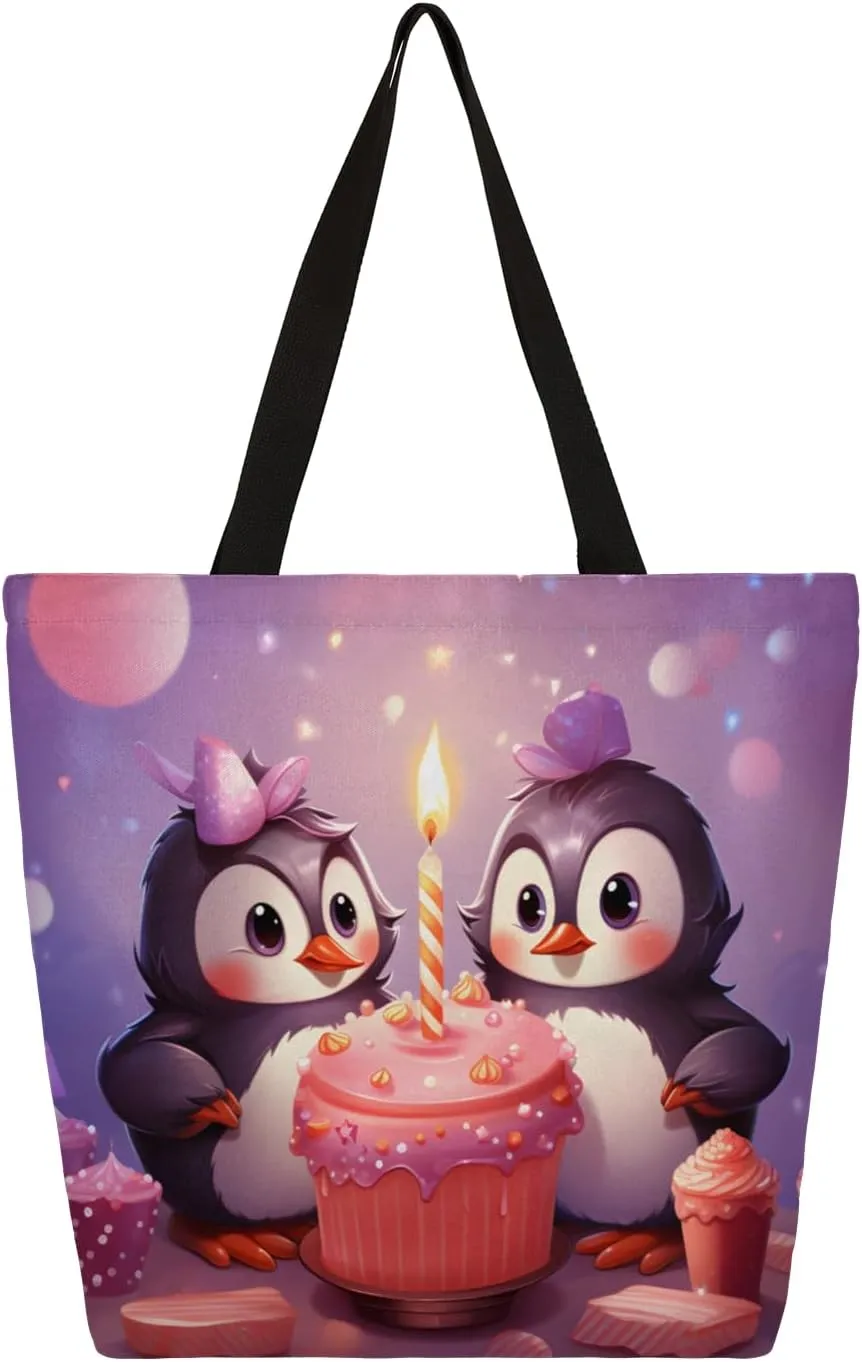 Penguins Birthday Cake Large Capacity Canvas Tote Bag Stylish Handheld Shoulder Bag Reusable Shopping Bag for Work Travel Beach Trips Shopping