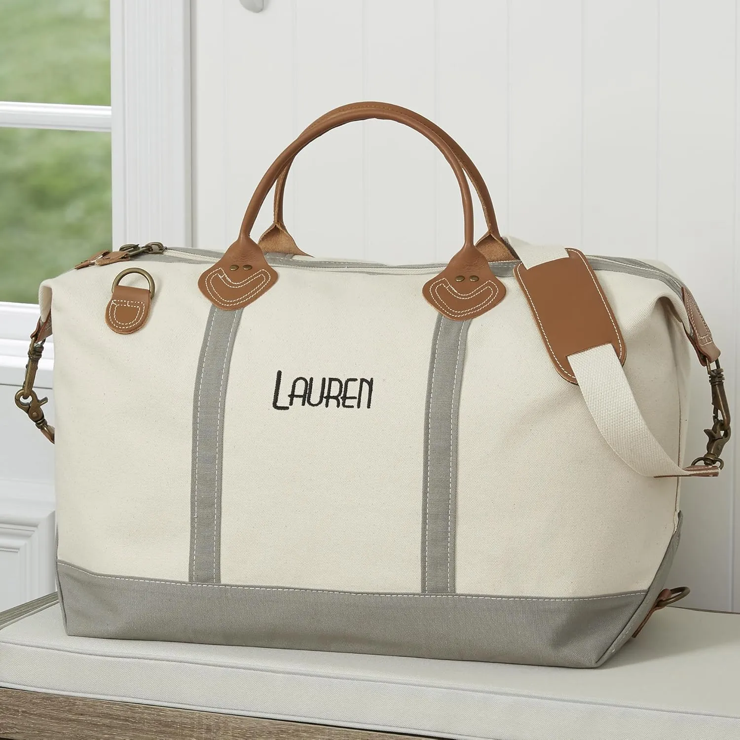Personalization Universe Special Occasions Luxurious Weekender Embroidered Grey Canvas Duffel