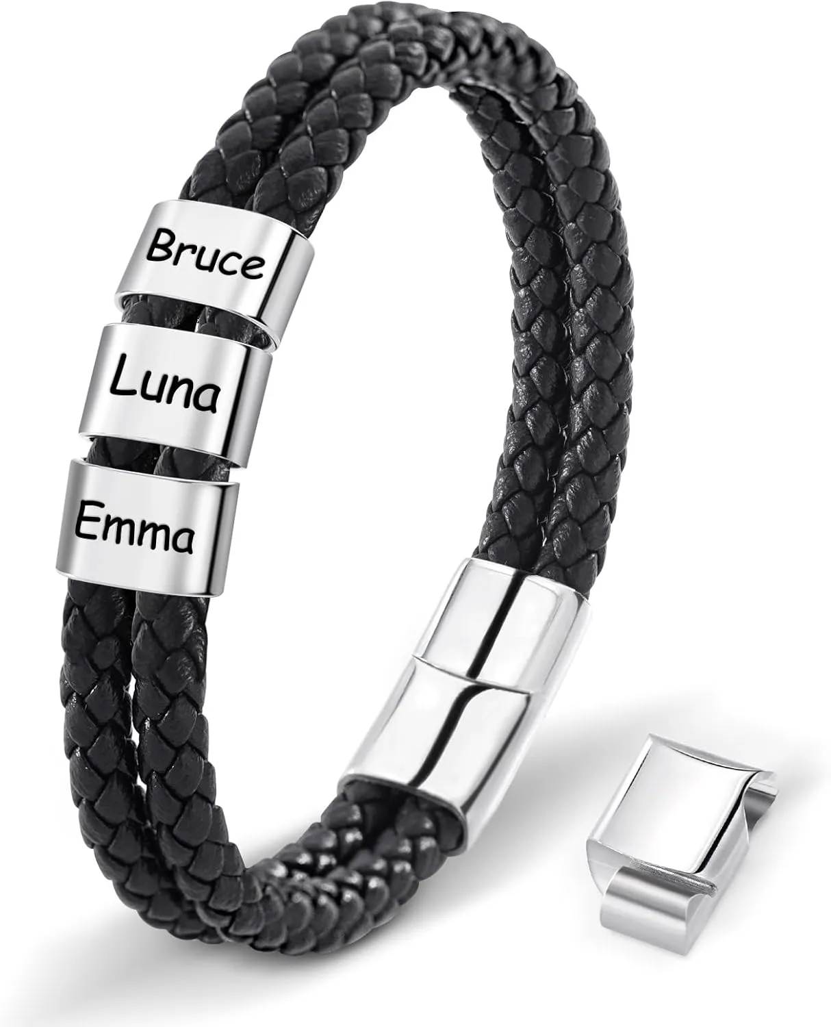 Personalized Leather Bracelets for Men, Dad Gifts for Fathers Day Custom Engraved Mens Bracelet with Name Customized Braided Leather Bracelets Gift for Him Husband Boyfriend (1-8 Beads)