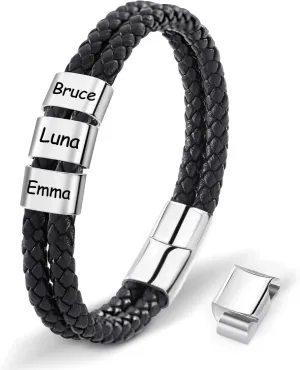 Personalized Leather Bracelets for Men, Dad Gifts for Fathers Day Custom Engraved Mens Bracelet with Name Customized Braided Leather Bracelets Gift for Him Husband Boyfriend (1-8 Beads)