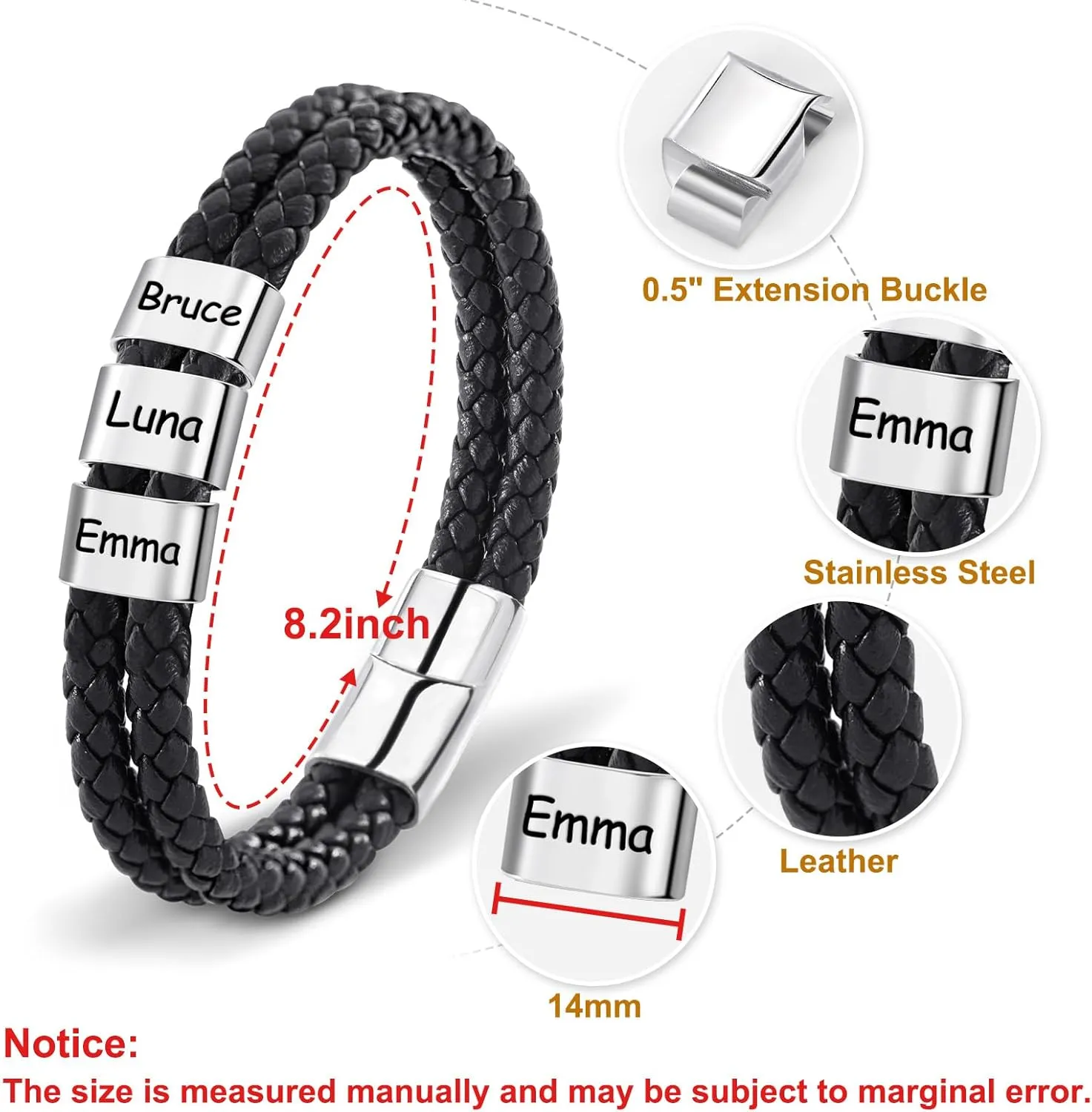 Personalized Leather Bracelets for Men, Dad Gifts for Fathers Day Custom Engraved Mens Bracelet with Name Customized Braided Leather Bracelets Gift for Him Husband Boyfriend (1-8 Beads)