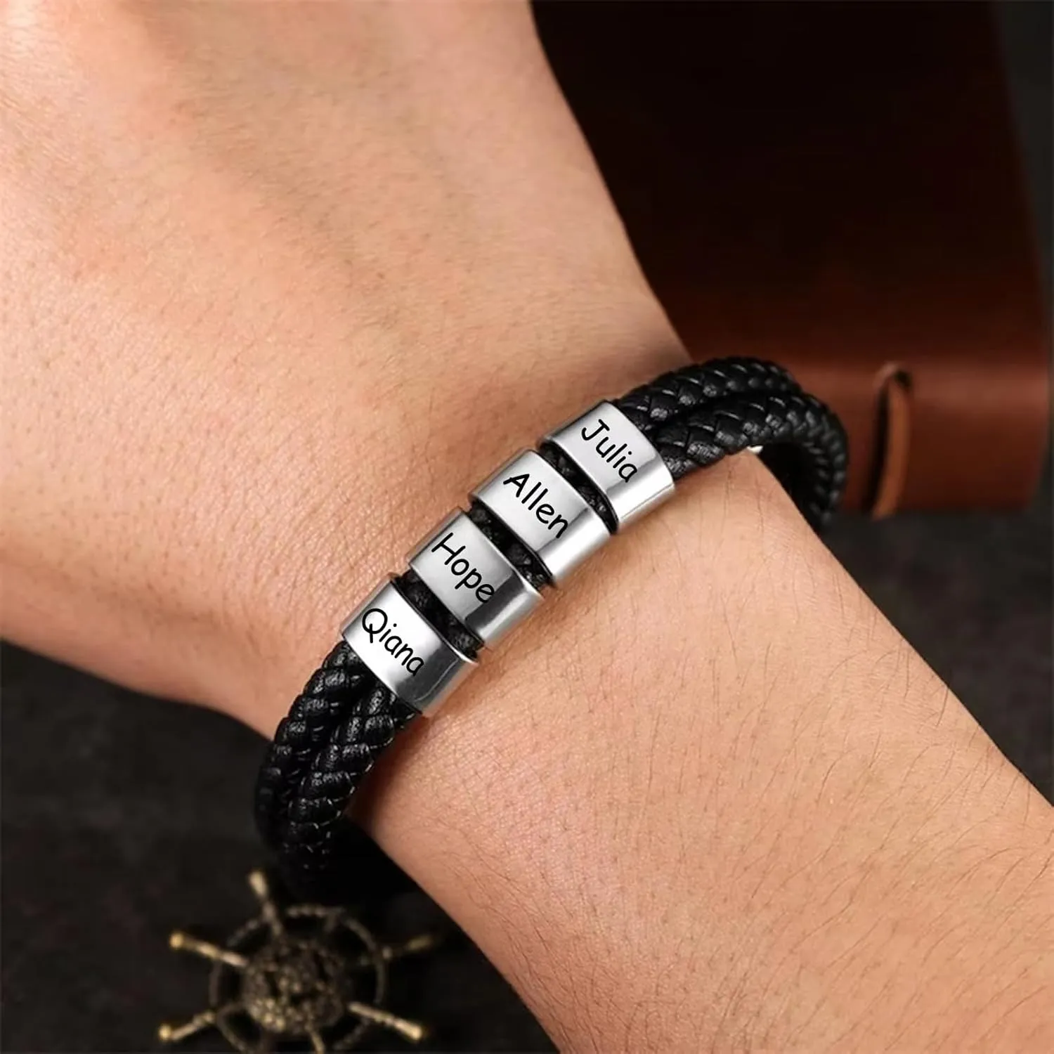 Personalized Leather Bracelets for Men, Dad Gifts for Fathers Day Custom Engraved Mens Bracelet with Name Customized Braided Leather Bracelets Gift for Him Husband Boyfriend (1-8 Beads)
