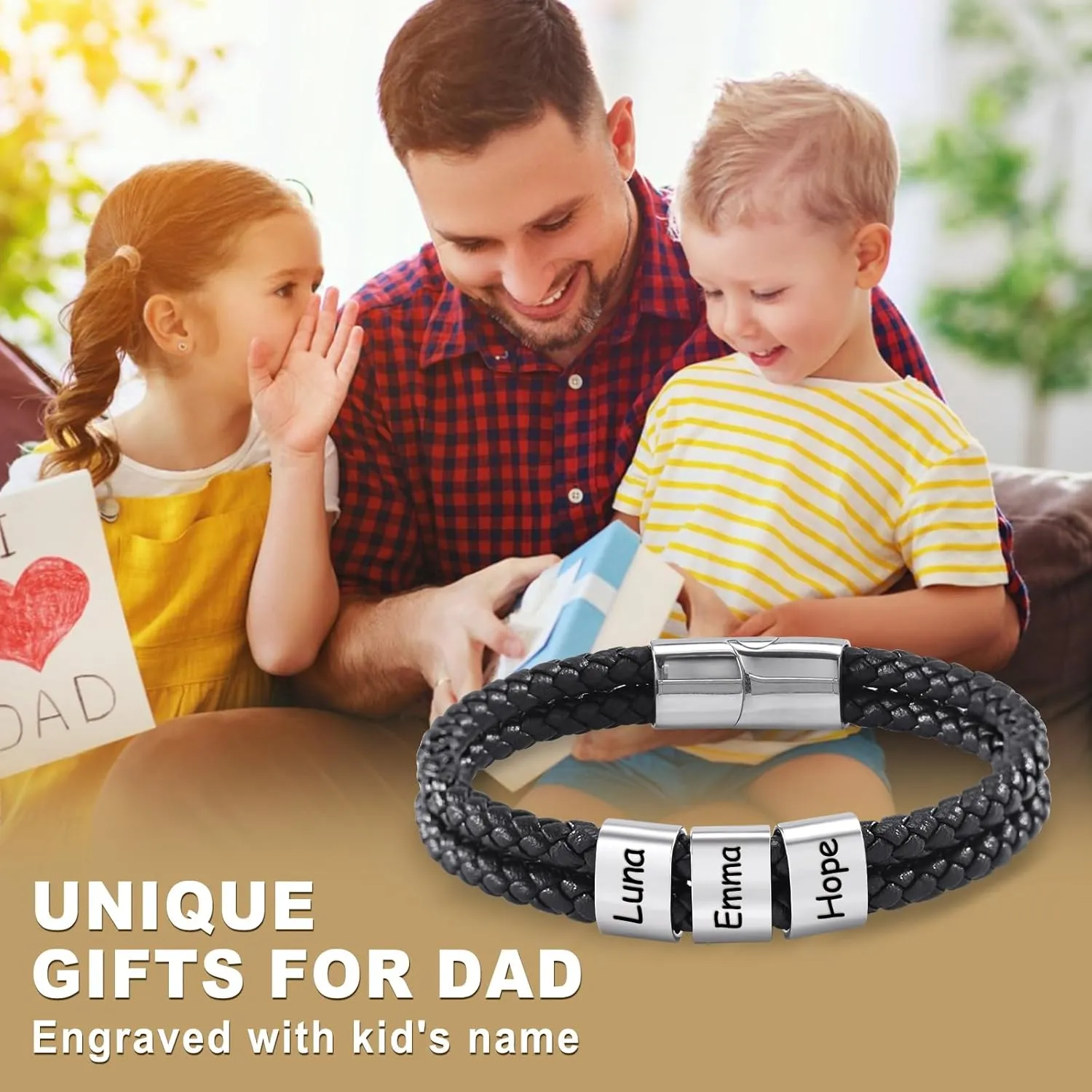 Personalized Leather Bracelets for Men, Dad Gifts for Fathers Day Custom Engraved Mens Bracelet with Name Customized Braided Leather Bracelets Gift for Him Husband Boyfriend (1-8 Beads)