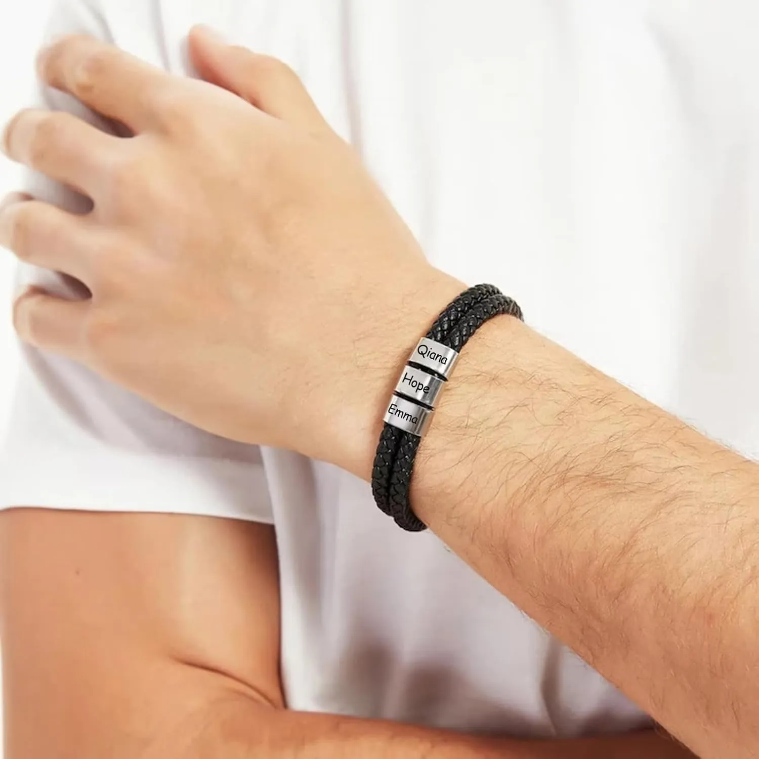 Personalized Leather Bracelets for Men, Dad Gifts for Fathers Day Custom Engraved Mens Bracelet with Name Customized Braided Leather Bracelets Gift for Him Husband Boyfriend (1-8 Beads)