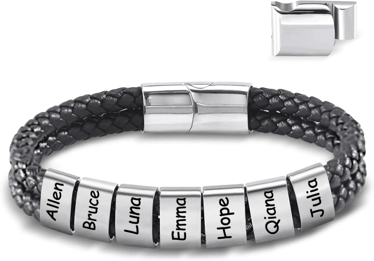 Personalized Leather Bracelets for Men, Dad Gifts for Fathers Day Custom Engraved Mens Bracelet with Name Customized Braided Leather Bracelets Gift for Him Husband Boyfriend (1-8 Beads)
