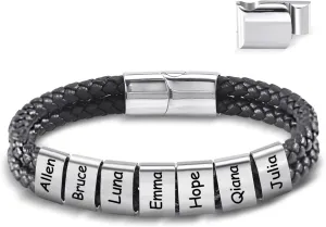 Personalized Leather Bracelets for Men, Dad Gifts for Fathers Day Custom Engraved Mens Bracelet with Name Customized Braided Leather Bracelets Gift for Him Husband Boyfriend (1-8 Beads)