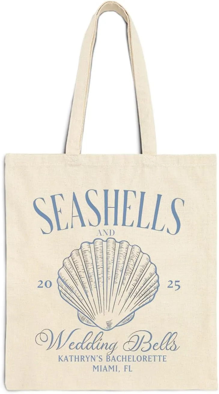 Personalized Seashells and Wedding Bells Canvas Tote Bag, Coastal Bachelorette Bags, Bach Party Beach Bags, Bachelorette Trip Beach Bag for Woman, Gifts For Bridesmaids