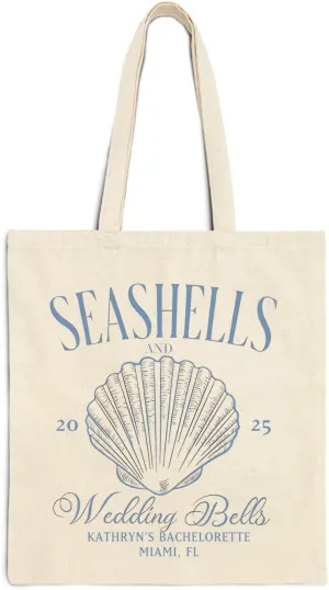Personalized Seashells and Wedding Bells Canvas Tote Bag, Coastal Bachelorette Bags, Bach Party Beach Bags, Bachelorette Trip Beach Bag for Woman, Gifts For Bridesmaids