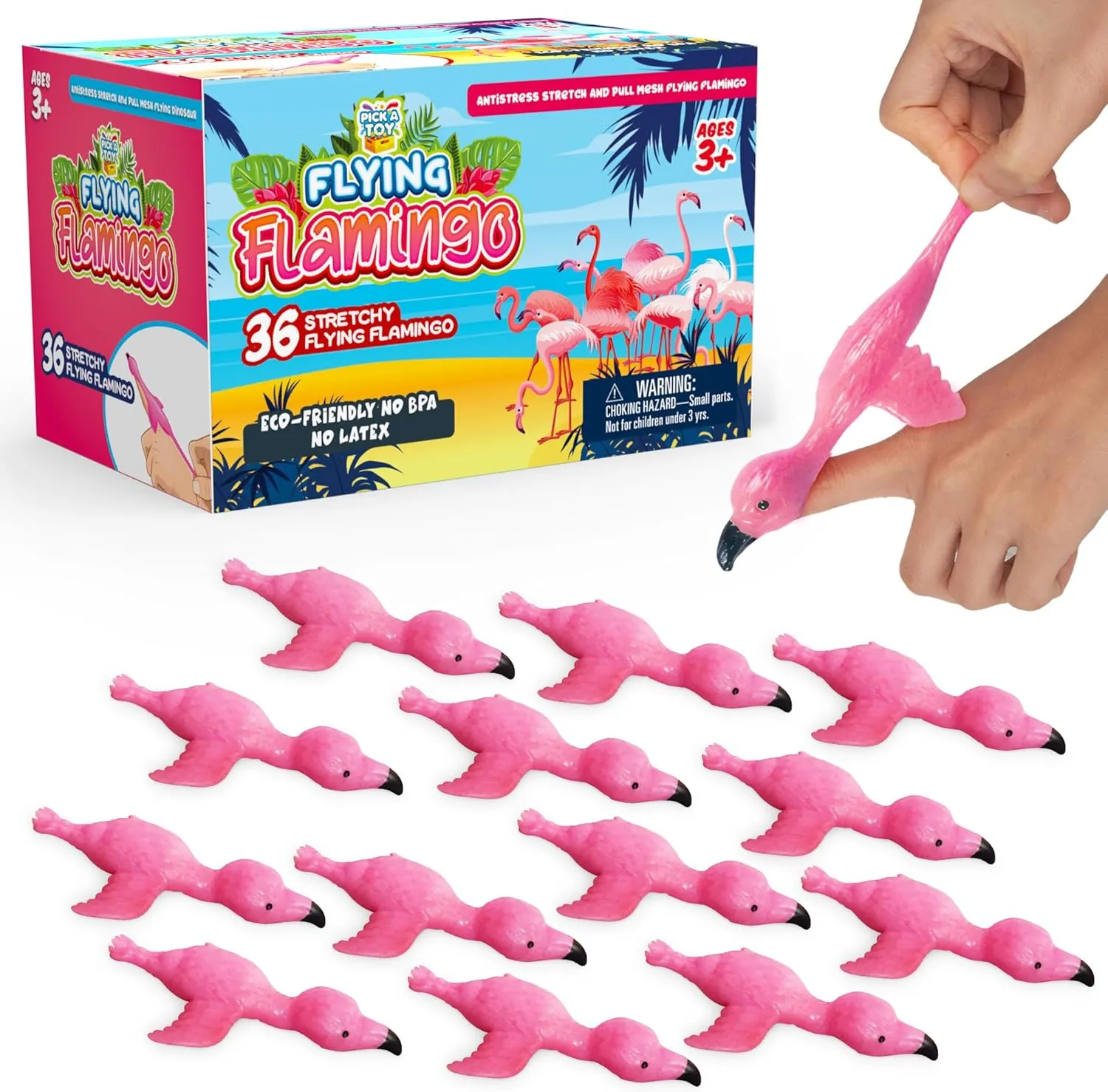 PICK A TOY 36 Pcs Flamingo Party Favors Toys for Kids, Bird Shooter Game Finger Flicker, Tropical Themed Decorations, Treasure Chest For Kids Prizes, Flying Chicken Slingshot
