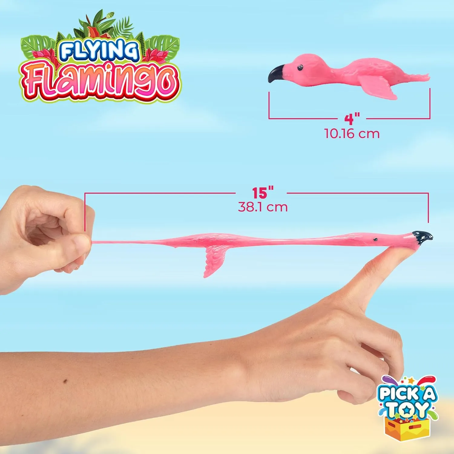 PICK A TOY 36 Pcs Flamingo Party Favors Toys for Kids, Bird Shooter Game Finger Flicker, Tropical Themed Decorations, Treasure Chest For Kids Prizes, Flying Chicken Slingshot