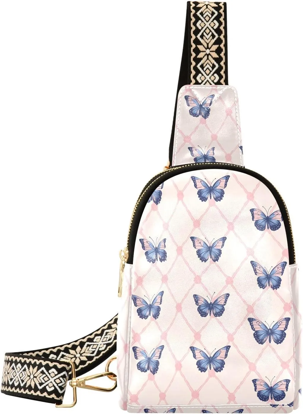 Pink Check Butterfly Stylish PU Leather Waist Pack Soft Waterproof Crossbody Bag with Metal Hardware Fits Keys Phone Passport for Work Walks Music Fests & Trips