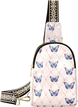 Pink Check Butterfly Stylish PU Leather Waist Pack Soft Waterproof Crossbody Bag with Metal Hardware Fits Keys Phone Passport for Work Walks Music Fests & Trips