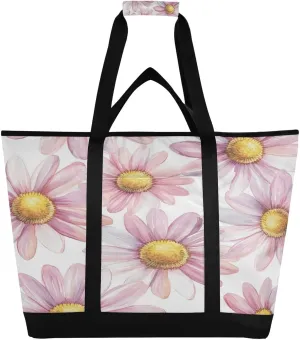 Pink Daisy Reusable Insulated Lunchbox Cooler Bag, Leakproof Kitchen Grocery Bag Collapsible Portable Cooler Tote Bag for Picnic, Camping, Office, Travel