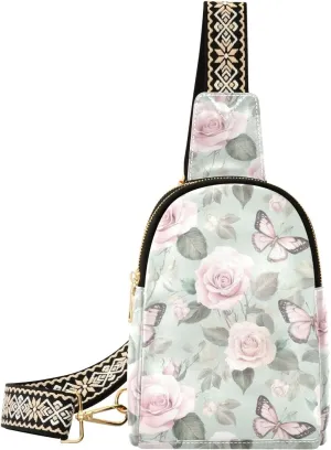 Pink Rose Butterfly Mini Crossbody Bag with Full-Print PU Leather Fashion Waist Pack with Adjustable Strap & Card Holder Great for Hiking Fishing Beach Travel & More
