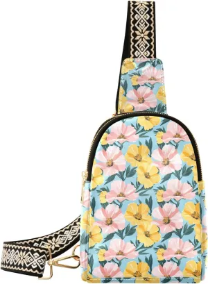 Pink Yellow Flower Compact Fashion Daypack Full-Print PU Leather Crossbody Bag with Card Pocket & Adjustable Strap for Women on the Go Festivals Travel & Hikes