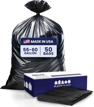 Plasticplace 55-60 Gallon Trash Bags │ 2.0 Mil │ Black Heavy Duty Garbage Can Liners │ 36” x 58” ,50 Count, Black (Pack of 1)
