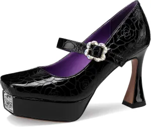 Platform Heels for Women Patent Leather Square Toe Closed Toe Chunky Block Pumps Comfortable Sexy Dressy Wedding Elegantes Wide Comfortable Tacones 4 Inch High Heels
