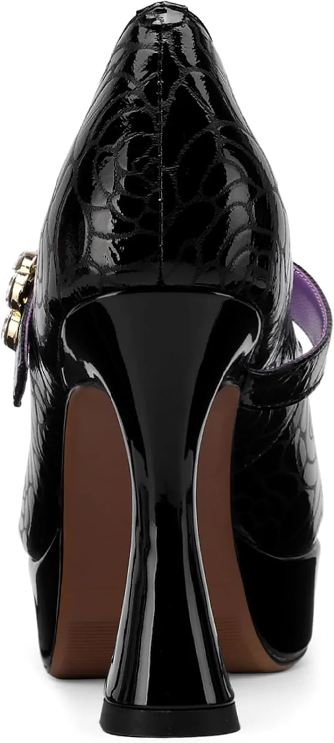 Platform Heels for Women Patent Leather Square Toe Closed Toe Chunky Block Pumps Comfortable Sexy Dressy Wedding Elegantes Wide Comfortable Tacones 4 Inch High Heels