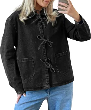 PLNOTME Womens Jean Jacket Tie Front Denim Shacket Tops Fall Fashion Long Sleeve Shirts Coat with Pockets