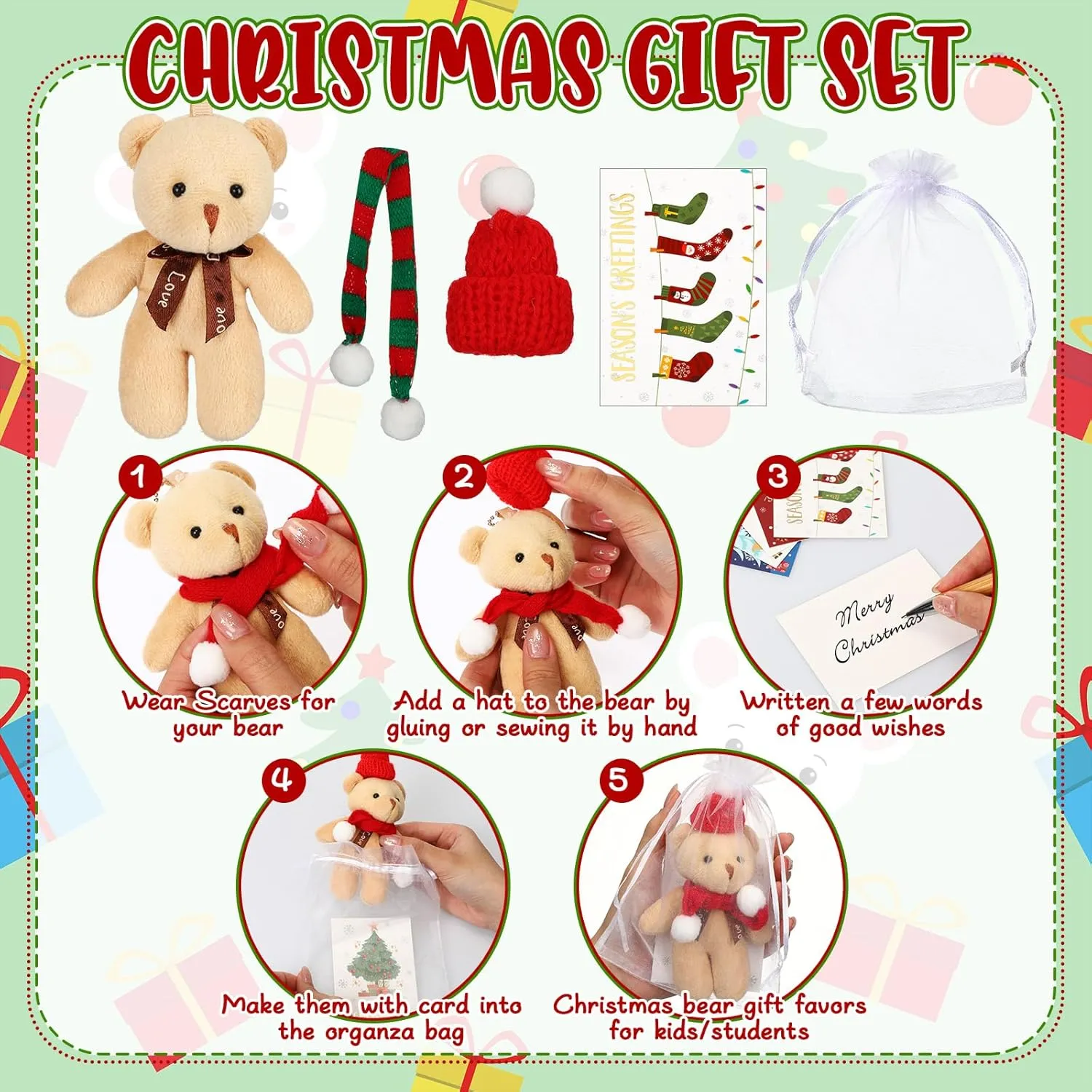 Poen 24 Set Christmas Gift 4 Inch Mini Christmas Stuffed Plush Bear with Santa Hat Scarf Cards Organza Bags Xmas Small Bear Toy Set for Holiday Party Favor(Vibrant Style)